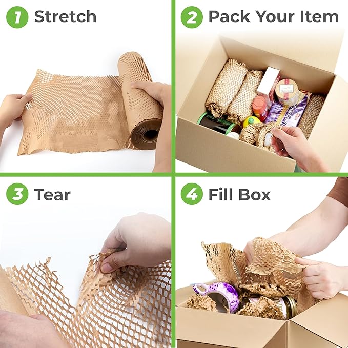 HexcelPack HexaFil Honeycomb Packing Paper - Eco-Friendly, Sustainable Filler for Shipping and Moving, Cushioned Packing Material in Dispenser Box, Alternative to Bubble Wrap - Natural, 12" x 1700'