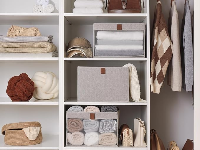 StorageWorks Closet Storage Bins, Large Storage Baskets with Clear Window and Handles, Foldable Fabric Organizer for Clothes, Shelves, Brown and Beige, 3 Pack