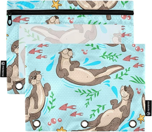 ZAZYXTJ Otter Binder Pencil Pouchs 3 Ring with Zipper Clear Window Office Organizers bag for School Students Teacher Supplies 2 Pack