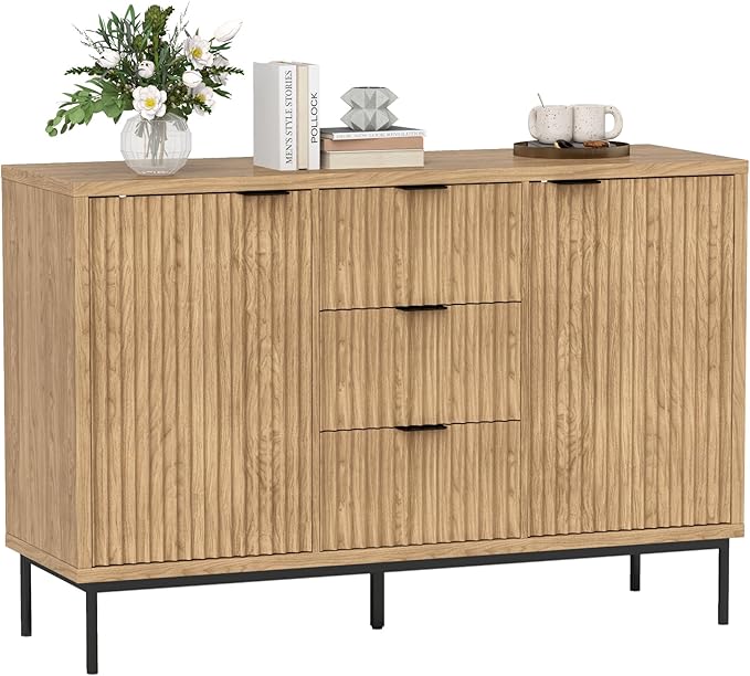 Real Relax Sideboard Buffet Cabinet with Storage, Modern Fluted Cabinet with 2 Doors 3 Drawers, Coffee Bar Accent Storage Credenza, for Kitchen, Living, Dinning Room, Oak