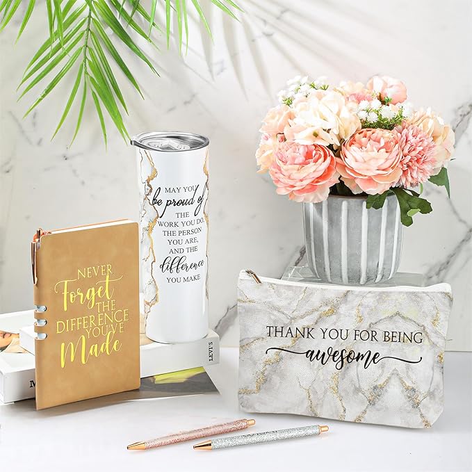 Domensi 6 Pcs Employee Appreciation Gift Set for Women Female Thank You Gift May You Be Proud 20 oz Rustic Marble Sign Tumbler Makeup Bag Journal for Teacher Nurse Lady Work Business(White)