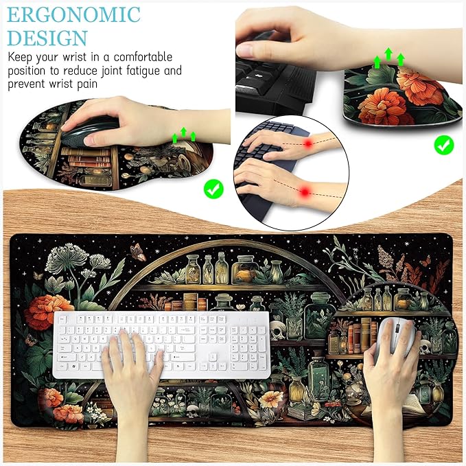 Goth Skull Mouse Pad Set Large Desk Mat for Desktop, Ergonomic Mouse Pad with Wrist Rest for Gaming, Keyboard Mat Wrist Support Cup Coaster Set, Gothic Office Desk Accessories Decor Supplies