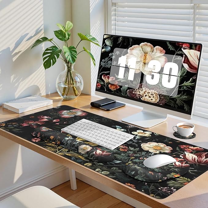 iCasso Desk Cover Mat, 4in1 Floral Large Mouse Pad with Wrist Rest, Desk Matt for Desktop, Anti-Slip XXL Big Computer Ergonomic Mousepad with Wrist Support for Keyboard and Mouse (Elegant Flowers)