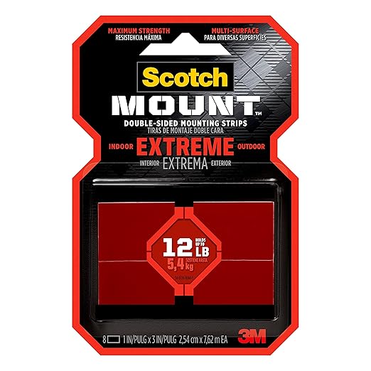 Scotch Extreme Mounting Strips, Double-Sided Heavy Duty Tape, 8 Strips, 1 in x 3 in, Use Instead of Nails or Screws, Works on Painted surfaces, Metals, Acrylic, Hard Plastics and More (414H-ST)