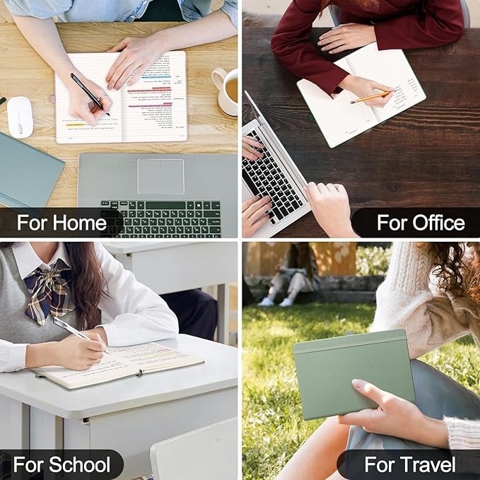 EMSHOI B5 College Ruled Notebook Journal - 400 Pages (200sheets), 7mm Spacing & Vegan Leather Cover for Work, School, Bible Study, Bullet Journaling - with Sticky Notes, Pocket & Pen Holder- Green