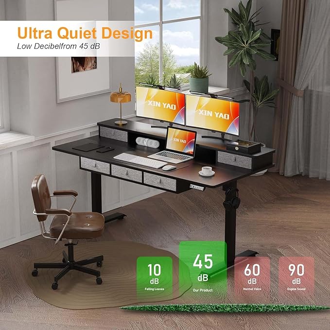 XINYAO Standing Desk with 5 Drawers, 63 x 30 Inch Electric Height Adjustable Stand Up Desk, Ergonomic Table with Storage Larger Desktop, Computer Workstations