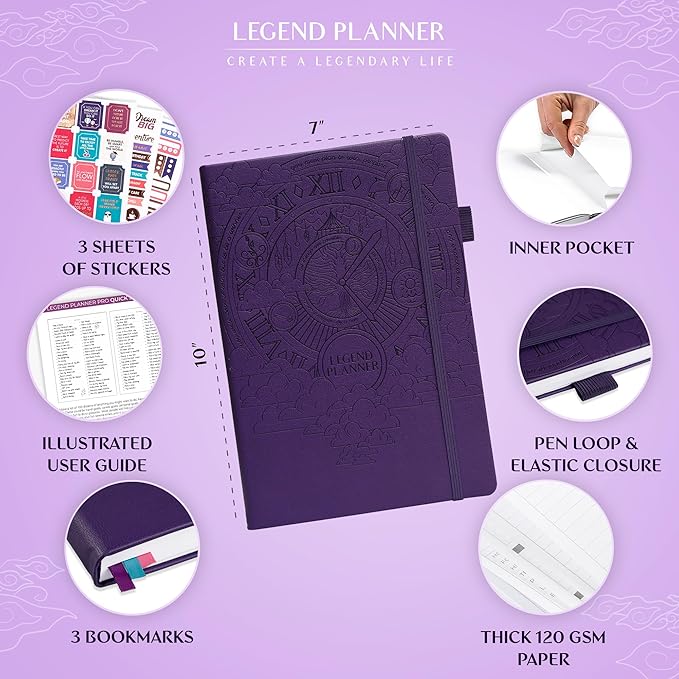 Legend Planner PRO – Deluxe Weekly & Monthly Life Planner to Increase Productivity and Hit Your Goals. Time Management Organizer Notebook – Undated – 7 x 10" Hardcover + Stickers – Dark Purple