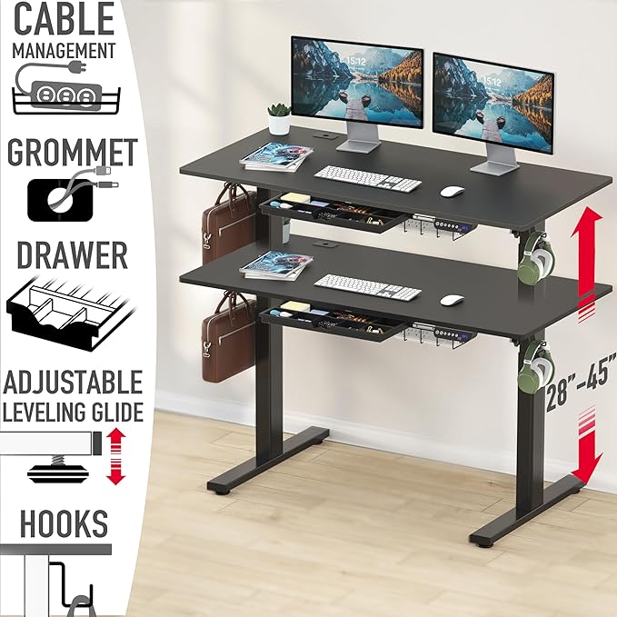SHW 55 x 28 Inches Electric Height Adjustable Standing Desk with Drawer and Memory Preset, Black