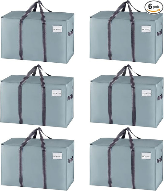 VENO 6 Pack Moving Bags, Heavy Duty, Moving Boxes Alternative, Packing Storage Supplies for Dorm Room Essentials with Zipper for Clothes, Extra Large Totes for Packaging (Light Blue Matte, 6 Pack)