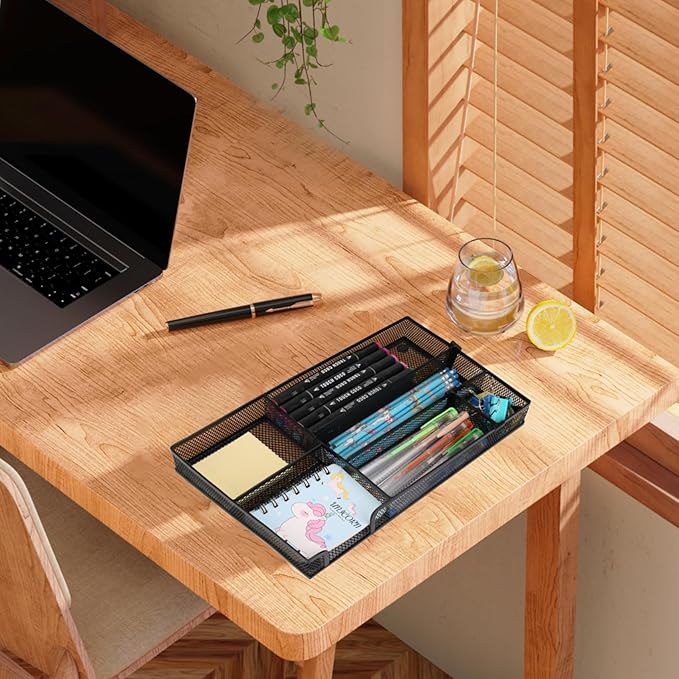 Desk Drawer Organizer Tray, 4 to 6 Grid Drawer Divider with 2 Adjustable Compartments, Metal Mesh Desk Organizer for Stationery Makeup Kitchen Toolroom School &Office, 12.6x8.26x1.57 in, 2 PCS