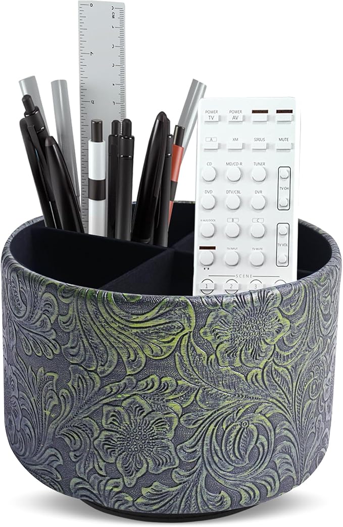 lizimandu Round Leather Art Supply Organizer,Remote Control Holder,360 Degree Spinning,Multi-Functional Pencil Holder,4 Compartments Desktop Stationary Organizer(1-Carved Metal Green2)