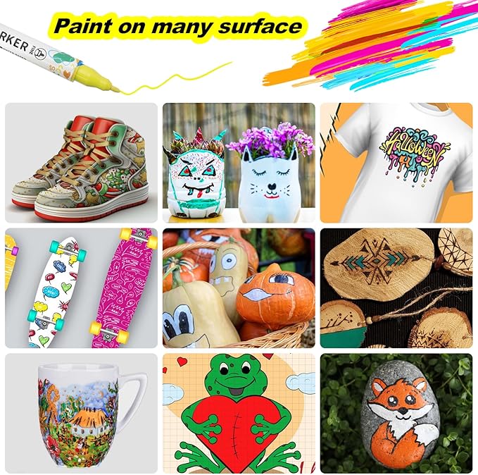 36 Colors Acrylic Paint Pens, Dual Tip Acrylic Paint Markers for Paper, Wood, Canvas, Stone, Rock Painting, Glass, Fabric, DIY, Ceramic, Art Supplies for Kids and Adults Drawing (Dot + Fine)