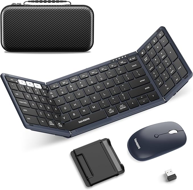 Foldable Keyboard and Mouse, Samsers Folding Bluetooth Keyboard Combo, 2.4G + BT5.0 x 2, Full-Size Portable Travel Keyboard & Rechargeable Wireless Mouse for Windows Android iOS Mac OS, Midnight