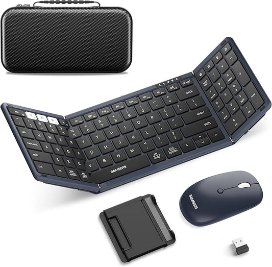 Foldable Keyboard and Mouse, Samsers Folding Bluetooth Keyboard Combo, 2.4G + BT5.0 x 2, Full-Size Portable Travel Keyboard & Rechargeable Wireless Mouse for Windows Android iOS Mac OS, Midnight