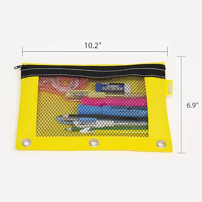 BAZIC Pencil Pouch 3 Ring Binder Pouch w/Rivet Enforced Rings Holes, Mesh Window, Bright Assorted Color Zipper Pouches Case, 24-Pack