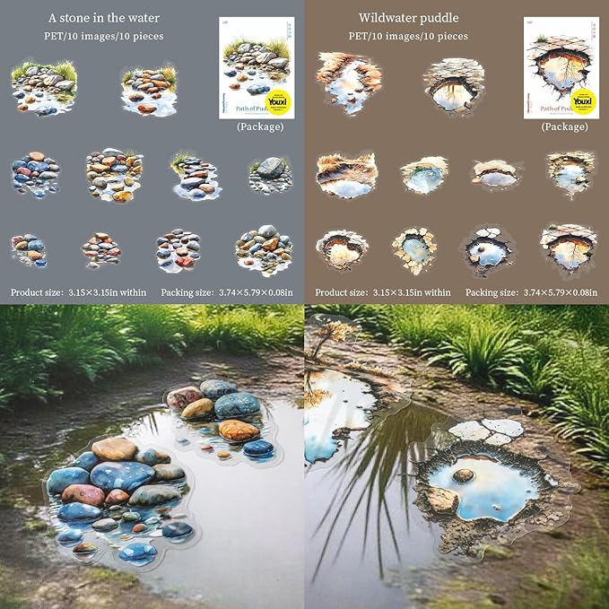 60 Pieces Aesthetic Landscape Creation PET Sticker Set, 6 Pack Vintage Puddles Scenery PET Stickers for Scrapbooking, Journaling, Waterproof DIY Crafts, and Junk Journal