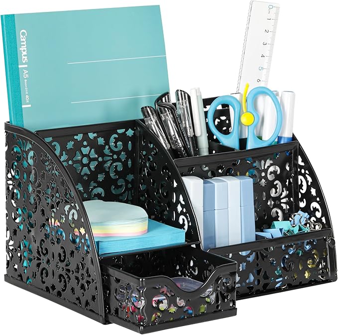 EasyPAG Pen Holder Desk Organizer with Drawer Pencil Cup for Desk 6 Compartments Metal Office Caddy Storage with Sticky Notes Holder for School Home Office, Black