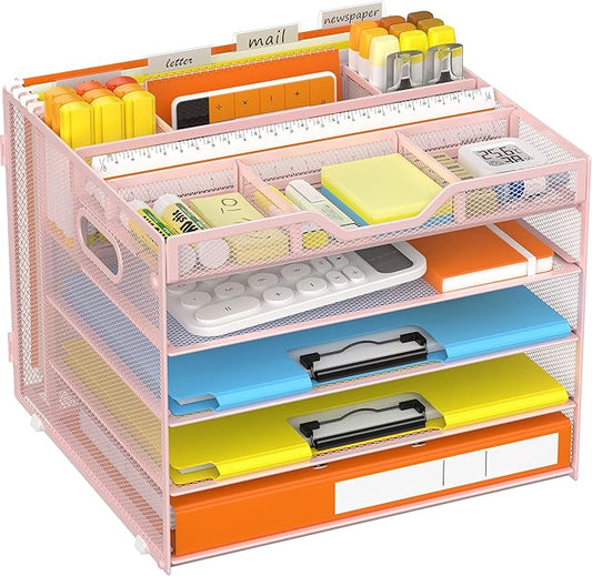 Docnest 5 Tier Letter Tray with Hanging File Organizer-Mesh Desk Organizer-Desktop Storage Box Built in Pen Holder and Handles, File Folder Holder for Mail Documents Office Supplies-Pink
