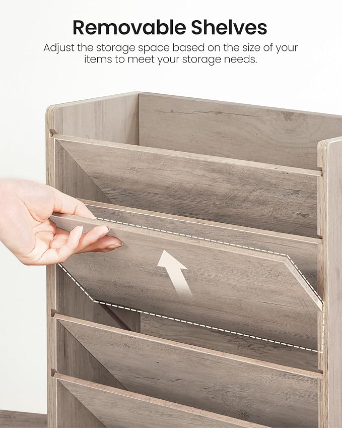 Wall File Organizer, 6-Tier Vertical Mount Hanging Holder with 2 Side Hooks, Modern Wooden Magazine Storage Holder with Bottom Tray, Desk Organizer, for Office, Home, Greige MWJ01FH