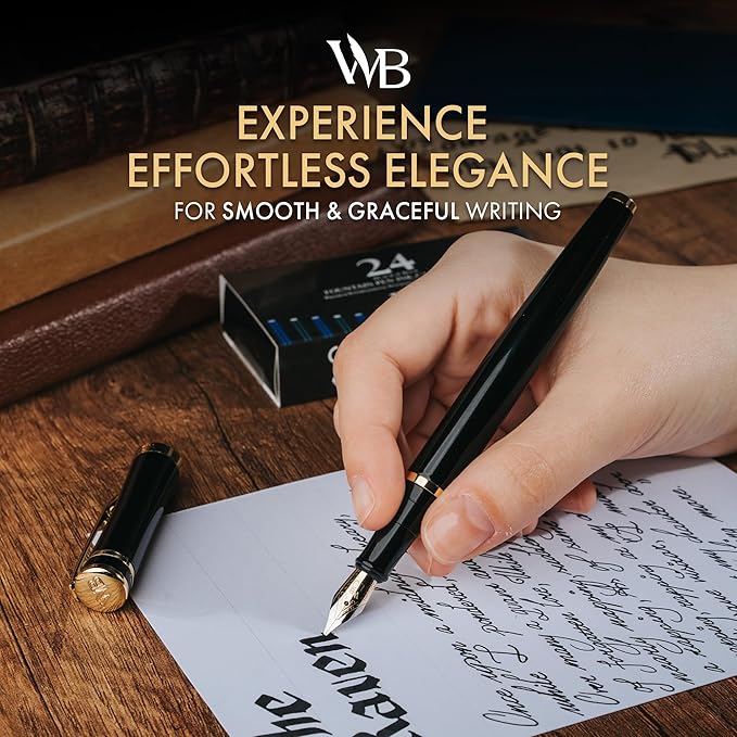 Wordsworth & Black Fountain Pen Set, 18K Gilded Broad Nib, Includes 24 Pack Ink Cartridges, Ink Refill Converter & Gift Box, Gold Finish, Calligraphy, [Black Gold], Perfect for Men & Women