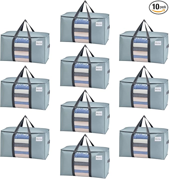 VENO 10 Pack Moving Bags, Moving Supplies, Moving Boxes, College Packing Storage Boxes with Lids Alternative, Heavy Duty Totes, Extra Large, Sturdy Handles, Zipper (Light Blue with Window, 10 Pack)