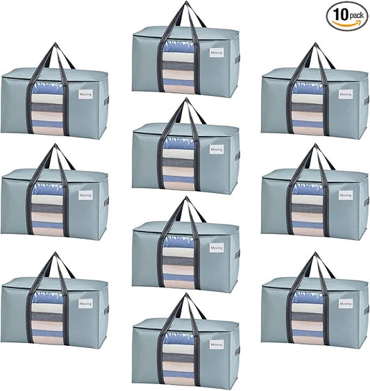 VENO 10 Pack Moving Bags, Moving Supplies, Moving Boxes, College Packing Storage Boxes with Lids Alternative, Heavy Duty Totes, Extra Large, Sturdy Handles, Zipper (Light Blue with Window, 10 Pack)