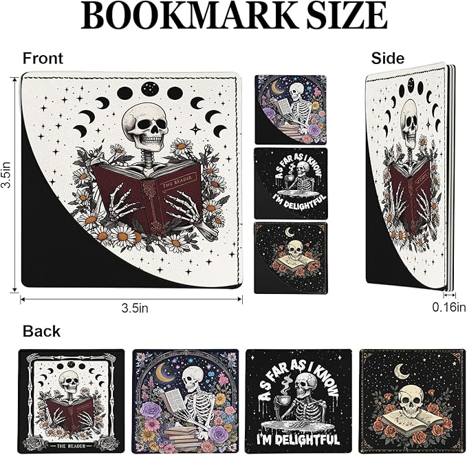 Skeleton Book Marks for Reading Women, 4 Pcs Funny Leather Book Accessories for Book Lovers, Skull Corner Bookmarks, for Women Men Student Teacher Retirement Birthday Gifts