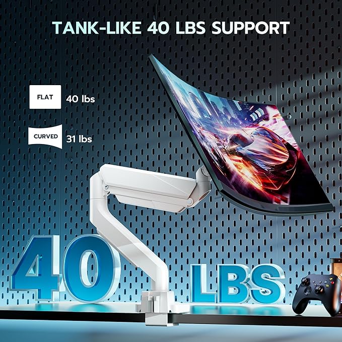 ARES WING Single Monitor Arm, Heavy Duty Adjustable Monitor Arm for 13"-45" Screens with USB, Gas Spring Desk Mount Stand with C Clamp/Grommet Mounting Base up to 40lbs Computer, White