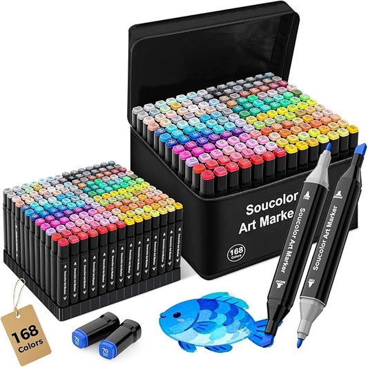 Soucolor Alcohol Markers 168 Colors with Case & Holders, Dual Tips Chisel & Fine Art Markers for Adult Coloring Kids Drawing, Artist Markers Art Supplies for Blending Sketching