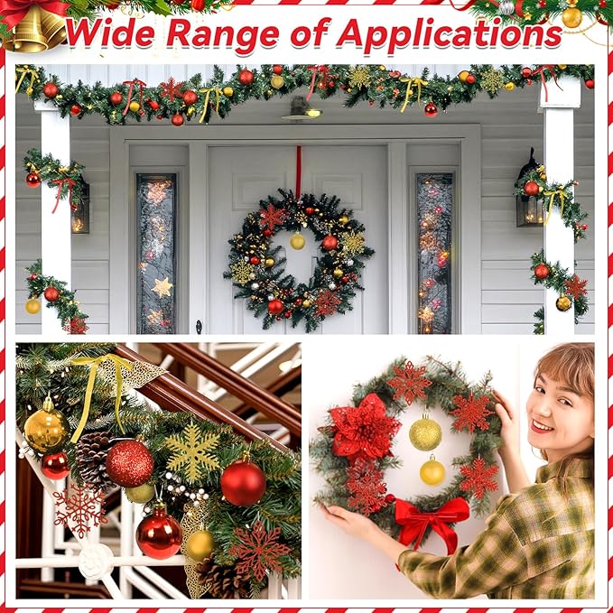 86Pcs Led Light Red and Gold Christmas Tree Decorations Set 100 Led Light Christmas Star Trees Topper with String Lights Xmas Balls Snowflakes Ornaments Bows Xmas Trees Decor 20m Light String