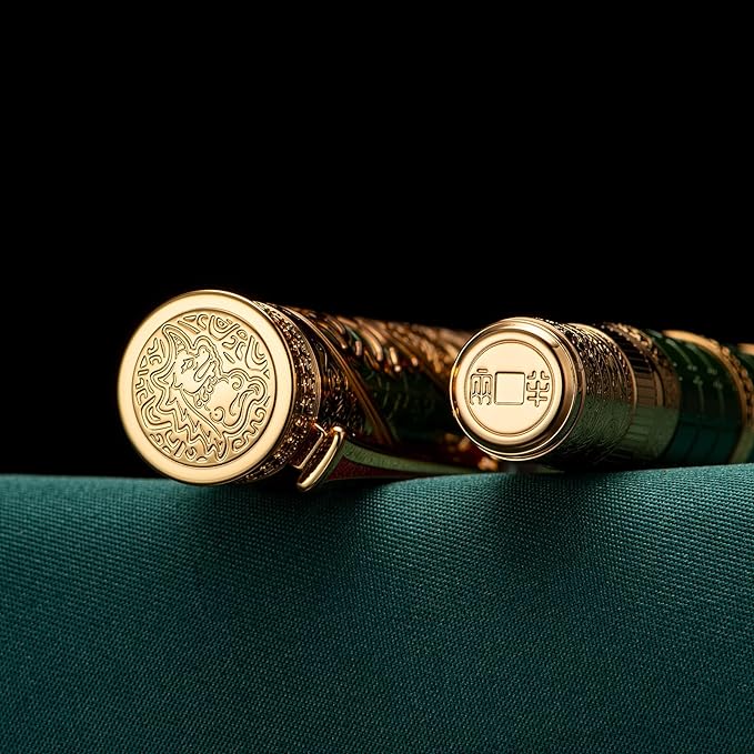 Hongdian D5X Fountain Pen - Green Qin Dynasty Retro Chinese Totem Engraving, Extra Fine Nib, Smooth Writing with Converter and Pen Box Set