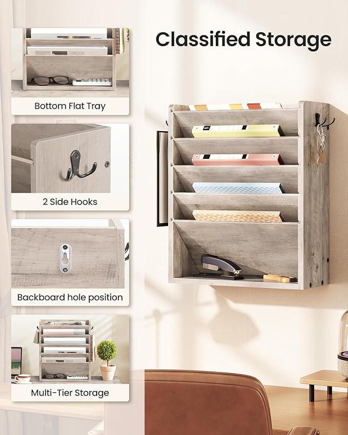Wall File Organizer, 6-Tier Vertical Mount Hanging Holder with 2 Side Hooks, Modern Wooden Magazine Storage Holder with Bottom Tray, Desk Organizer, for Office, Home, Greige MWJ01FH