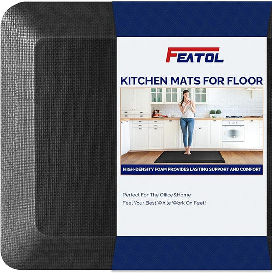 FEATOL 2 Packs Anti Fatigue Mats for Kitchen Floor, 9/10 Inch Thick Cushioned Floor Mat, Comfort Memory Foam Standing Padded for Sink, Kitchen, Home (Black, 24x70x9/10-Inch)
