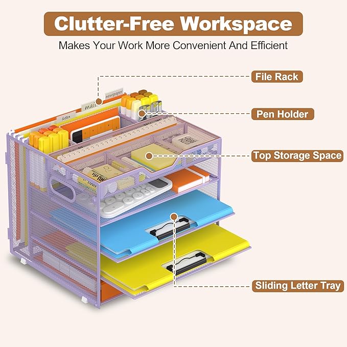 Docnest 5 Tier Letter Tray with Hanging File Organizer-Mesh Desk Organizer-Desktop Storage Box Built in Pen Holder and Handles, File Folder Holder for Mail Documents Office Supplies-Purple