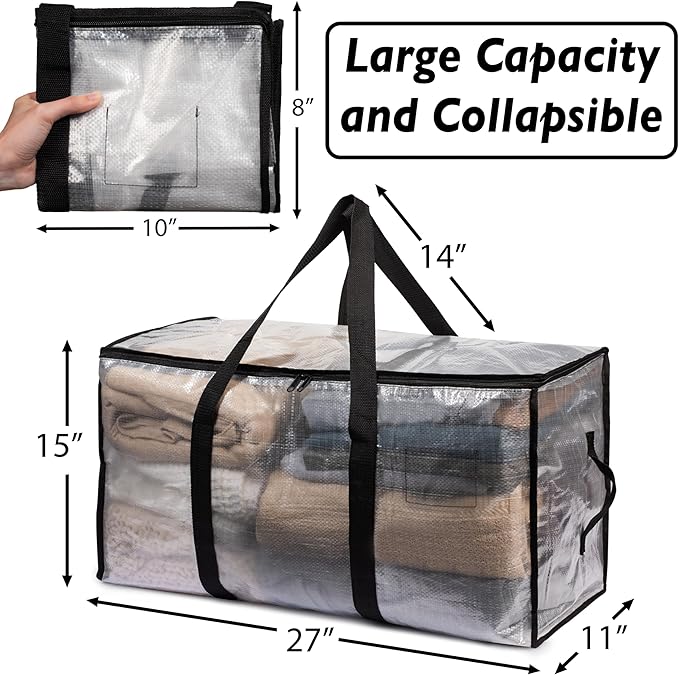 ClearSpace Heavy Duty Moving Bags or Storage Bags – Clear Storage Bins with Lids, Large Moving Boxes with Backpack Straps & Zippers – Packing Bags & Moving Supplies for College Dorm- 4 Pack