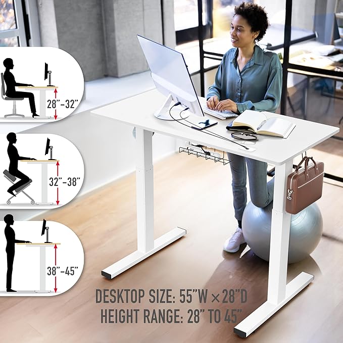 SHW 55 x 28 Inches Electric Height Adjustable Standing Desk with Drawer and Memory Preset, White