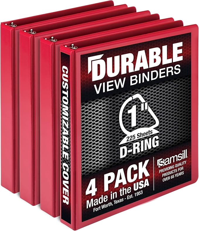 Samsill Durable 1 inch 3 Ring Binder, Made in USA, D Ring Binder, FSC 100% Recycled Chipboard, Red, 4 Pack