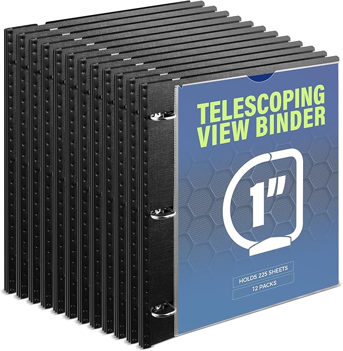 WOT I 12-Pack Telescoping 3 Ring Binder 1 Inch, Expandable Flexible Binder - Patented Design for Easy Portability, Holds 225 Sheets, Perfect for School, Office&Home Organization, Black