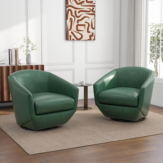 UIXE Faux Leather Swivel Accent Chairs Set of 2, Barrel Chair Upholstered Club Armchair for Living Room, Comfy Single Sofa Bedroom Side Reading Seat - Green