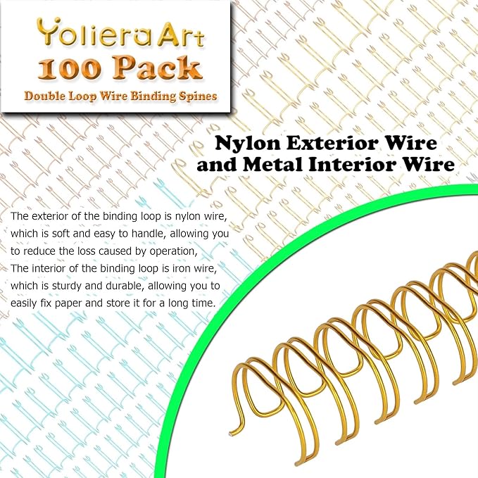 100 Pack Double Loop Wire Binding Spines, YolieraArt Wire Binding Spines, 5/8 Inch Binding Wire for Letter Size (140 Sheet Capacity), 100P, 3:1 Pitch, Gold)