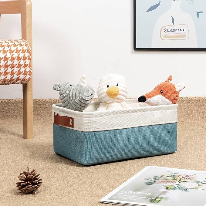 DULLEMELO Storage Baskets Bins for Organizing, Small Fabric Baskets for Shelves, Closets, Nursery, Home, Office, Empty Gift Baskets (6-Pack, White&Teal)