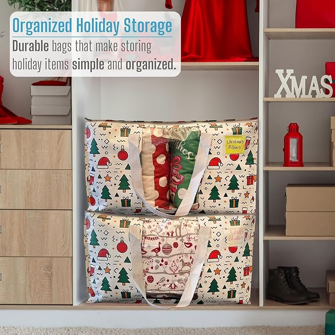 VENO 6 Pack Moving Bags, Large Christmas Storage Bins with lids, Packing Supplies for College, Alternative to Moving Boxes, Foldable, Heavy-Duty Tote, Christmas Pattern (Jingle Mix, 6 Pack)