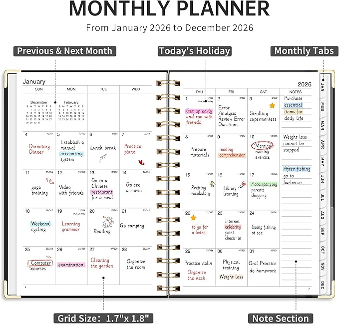2026 Planner, Weekly and Monthly, A5 Size (5.7" x 8.3"), Jan 2026 - Dec 2026, Calendar, To-do List, Agenda, 12-Month Tabs, Hardcover, 100 GSM Thick Paper, Spiral-bound (Black)