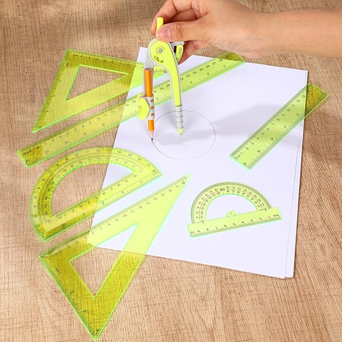 Zonon 1 Set Plastic Geometry Math Set 7 Pcs Includes 6'' / 4 '' Protractor, Drawing Compass, 45/60 Degree Triangle Rulers, 12'' / 6'' Math Ruler Transparent for Office Supplies(Yellow)
