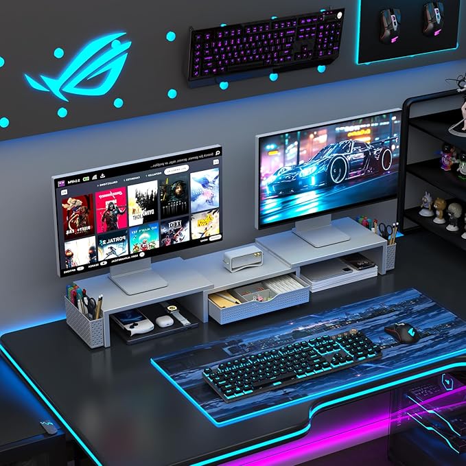 gianotter Dual Monitor Stand Riser, Desk Organizer With Drawer and 2 Pen Holders, Monitor Stand for Desk, Office Decor Essentials (White)