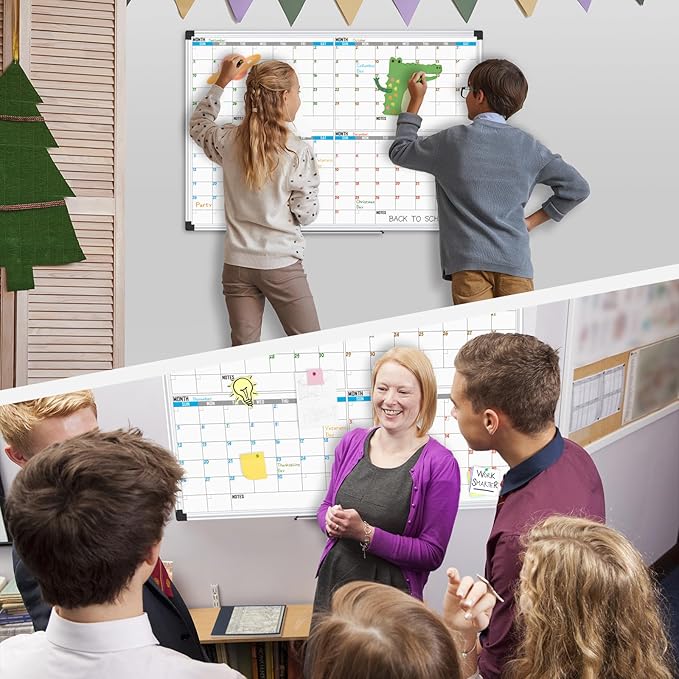 XBoard Magnetic Calendar Whiteboard 36" x 24", 4 Months Calendar Dry Erase Board, Silver Aluminium Framed White Board Planner for Home School Office Organization