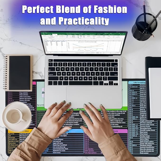 Get Excel Pad,Excel Shortcut Mouse Pad Desk Mat,Large Excel Cheat Sheet Spreadsheet Keyboard Mats Mousepad,Water-proof Non-Slip Stitched Edge,Excel Learning Essentials,31.5*15.7 inch,Black