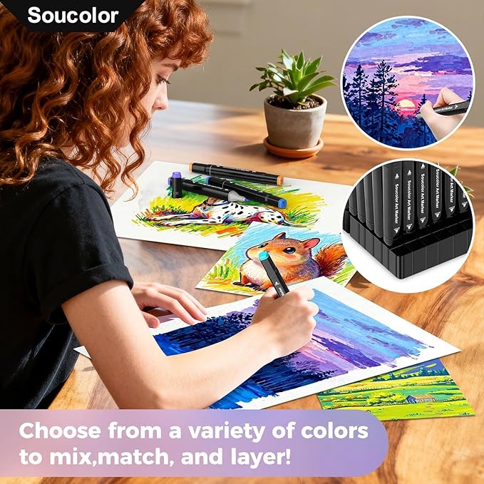 Soucolor Alcohol Markers 168 Colors with Case & Holders, Dual Tips Chisel & Fine Art Markers for Adult Coloring Kids Drawing, Artist Markers Art Supplies for Blending Sketching