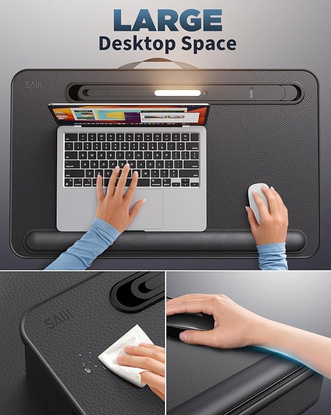 SAIJI Lap Desk with LED Light, Portable Laptop Tray with Cushion - Fits Up to 17" Laptops & MacBook, Lap Table Stand for Bed and Couch, Lap Desk for Writing and Reading