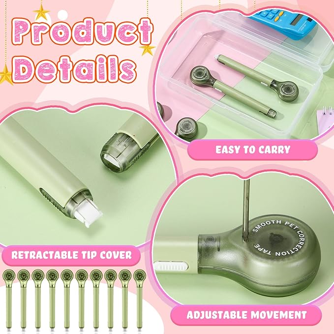 10 Pack Correction Tape Pen Correctional Ink Tape Push Pull Protective, Easy to Use Applicator for School Office Supplies, 0.2 x 236 Inch (Green Color)